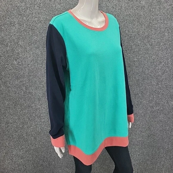 Lands End Heavy Cotton Sweatshirt 1X Plus Size Teal Colorblock Pullover Top - Picture 5 of 11